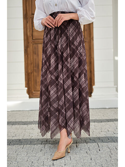 Locco Moda Kadın Ekose Desen Dikiş İzli Yandan Bağcık Detaylı Şifon Etek Vizon