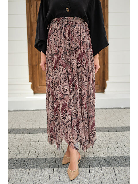 Locco Moda Kadın Asimetrik Kesim Etnik Desenli Şifon Etek Mürdüm