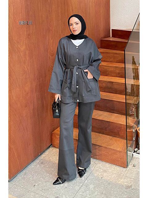 Lamelif Kuşaklı Gabardin Takım Antrasit - S000515462-29666