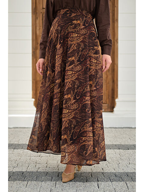 Locco Moda Kadın Etnik Desen Şifon Etek Kahverengi