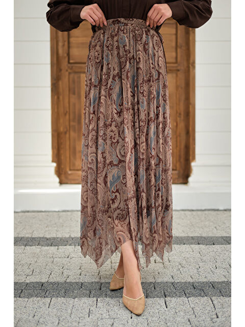 Locco Moda Kadın Asimetrik Kesim Etnik Desenli Şifon Etek Küf Yeşil