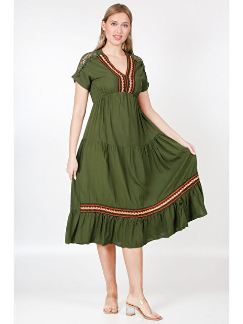 Chiccy Haki V Yaka Kısa Kol Brodeli Dokuma Elbise - S000358910-18547