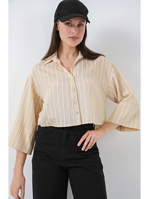 Bigdart Kadın Çizgili Oversize Kısa Gömlek 20326 - Bej - S000393897-19928