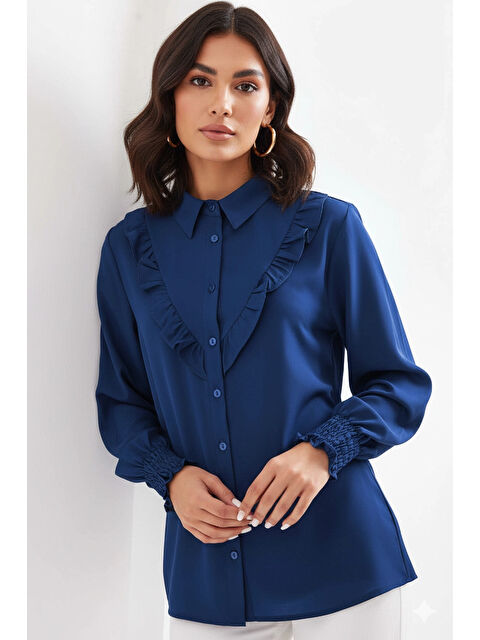 Hazelin Kadın Lacivert Fırfır Detaylı Uzun Kollu Gömlek HZL25W-BD1202231 - S000498963-21164