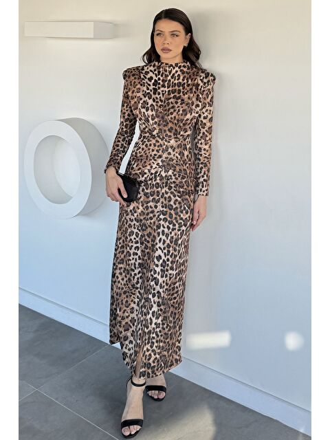 Gülseli Omuz Vatkalı Yırtmaçlı Uzun Elbise - S000482845-19413