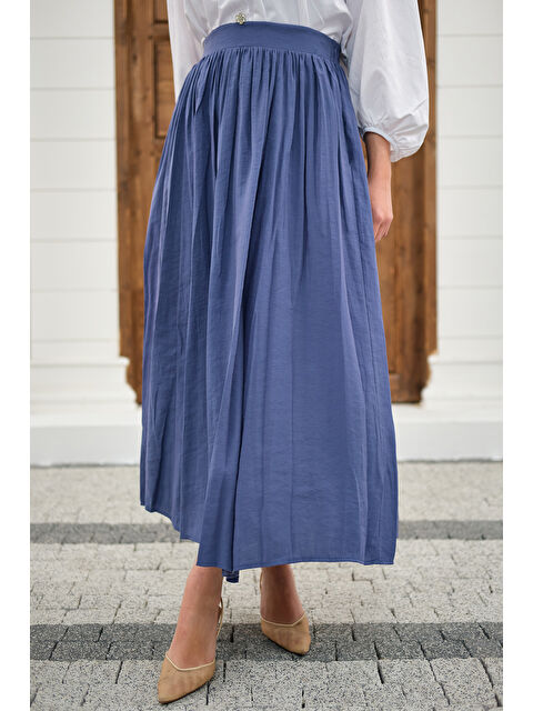 Locco Moda Kadın Önden Büzgülü Çift Cepli Etek İndigo Mavi