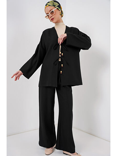 Bigdart Kadın Keten Kimono İkili Takım 6727 - Siyah - S000377828-19351