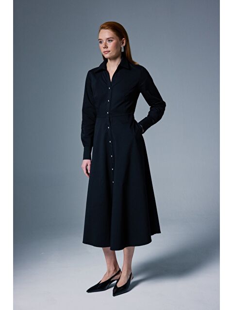 SATEEN Uzun Düğme Detaylı Elbise - Siyah - S000516495-19351