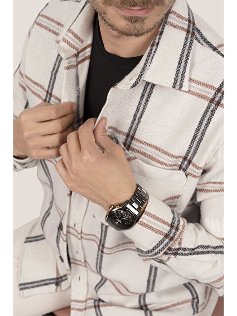 Etikmen Beyaz Siyah Çizligi Oversize (Geniş Kalıp) Kalın %100 Pamuk Erkek Oduncu Gömlek - S000120135-37246