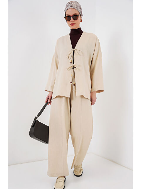 Bigdart Kadın Keten Kimono İkili Takım 6727 - Krem - S000377828-19966
