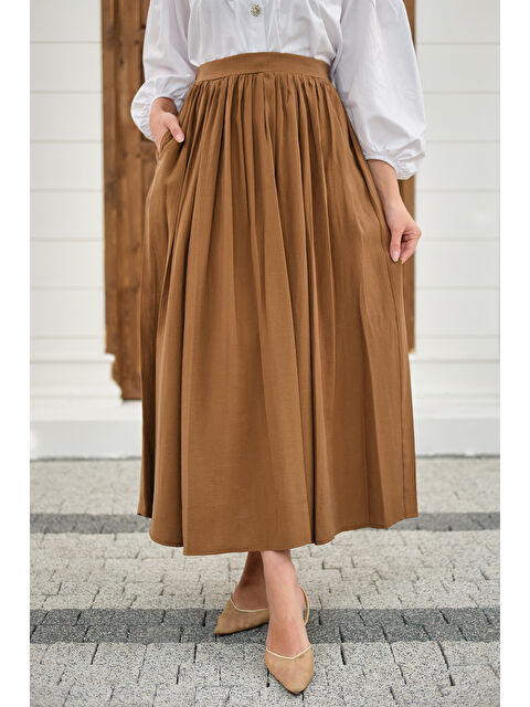 Locco Moda Kadın Önden Büzgülü Çift Cepli Etek Camel