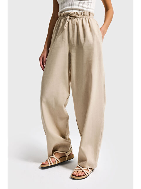 It's Basic Kadın Bej Renk s6-57 Rahat Kesim Keten Kumaş Belden Lastikli Pantolon - S000505900-19928