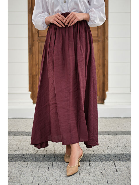 Locco Moda Kadın Beli Lastikli Kırışık Etek Bordo