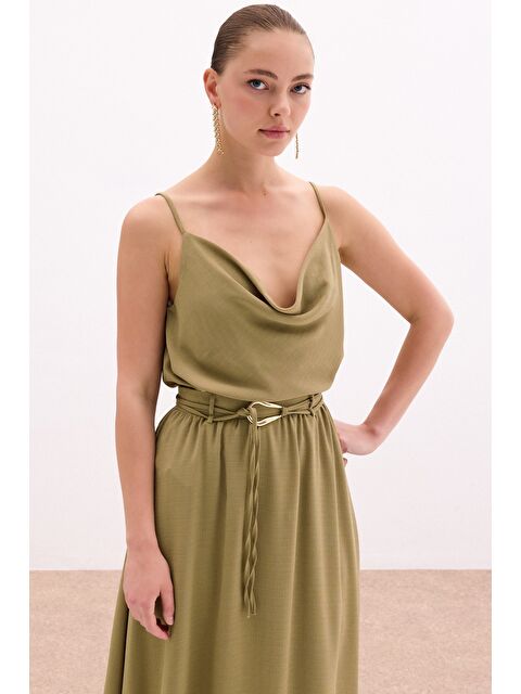 SATEEN Degaje Yaka Dökümlü Bluz - Haki - S000389156-18547