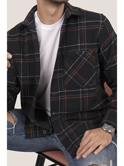 Etikmen Siyah Kiremit Çizligi Oversize (Geniş Kalıp) Kalın %100 Pamuk Erkek Oduncu Gömlek - S000120135-37448