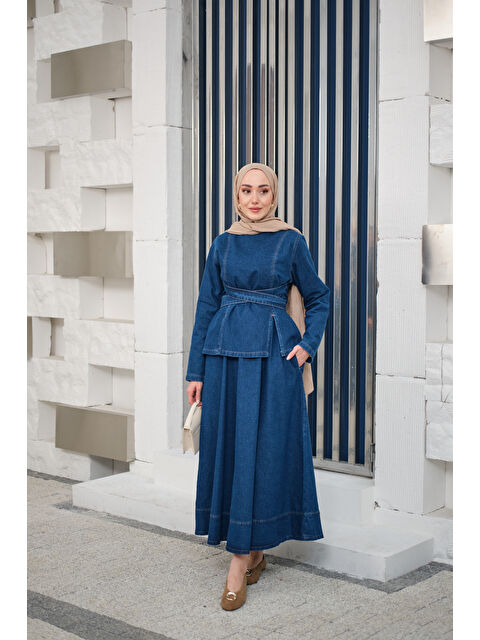 Locco Moda Kadın Önden Yırtmaçlı Beli Kemerli Takım Lacivert