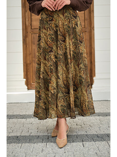 Locco Moda Kadın Etnik Desen Şifon Etek Yeşil