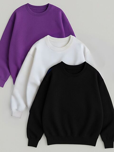Trendseninle 3lü Set Mor Beyaz Siyah Düz Bisiklet Yaka Sweatshirt - S000485864-27207