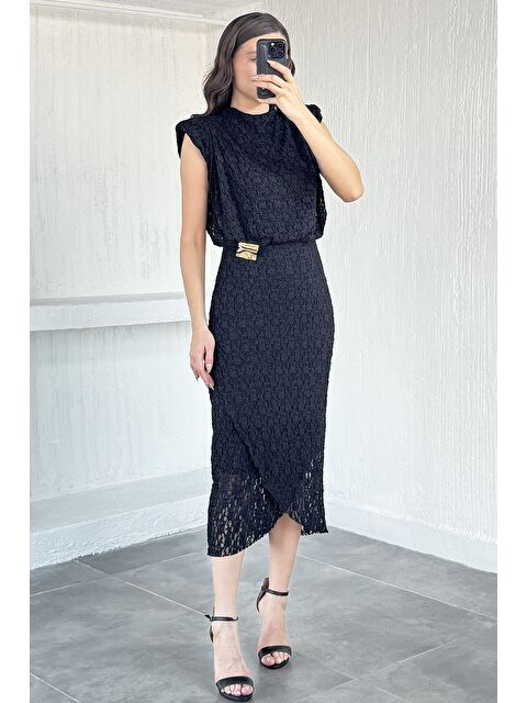 Gülseli Siyah Kadın Omuz Vatkalı Astarlı Dantel Elbise - S000482849-19351 - S000482849-19351