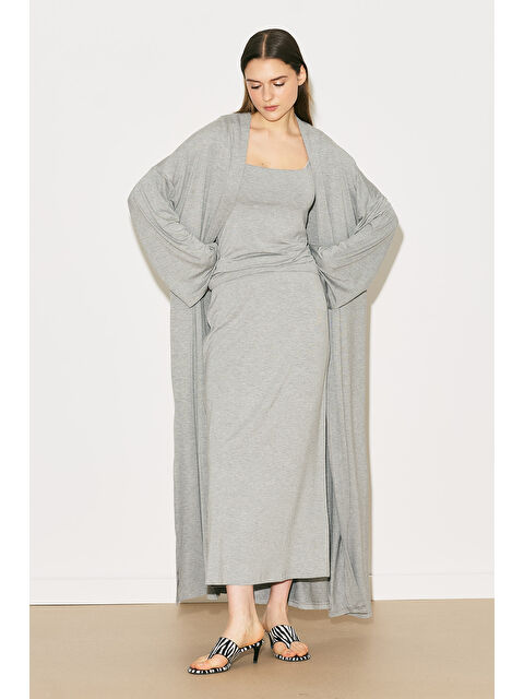 Manuka Easy Rahat Uzun Kimono Gri Melanj
