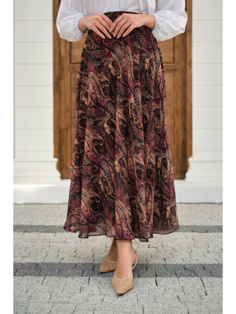 Locco Moda Kadın Etnik Desen Şifon Etek Mürdüm