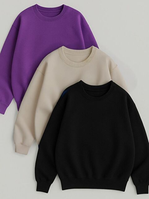 Trendseninle 3lü Set Mor Bej Siyah Düz Bisiklet Yaka Sweatshirt - S000485864-27206