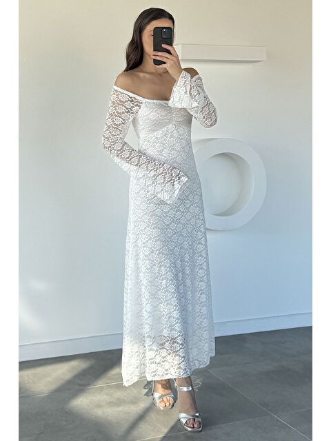 Gülseli Dantel Detaylı İspanyol Kol Uzun Elbise - S000482851-20063