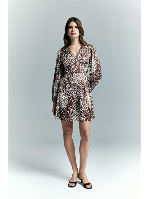 SATEEN Desenli Mini Elbise - Kahve