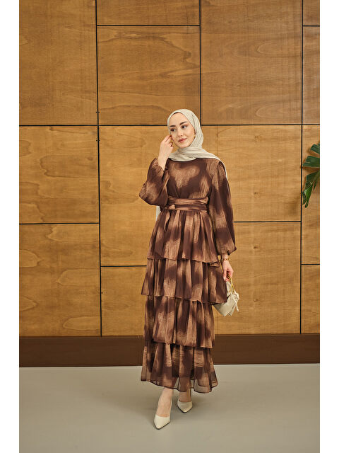 Locco Moda Kadın Kat Kat Dökümlü Şifon Elbise Kahverengi