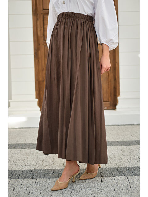 Locco Moda Kadın Beli Lastikli Kırışık Etek Kahverengi