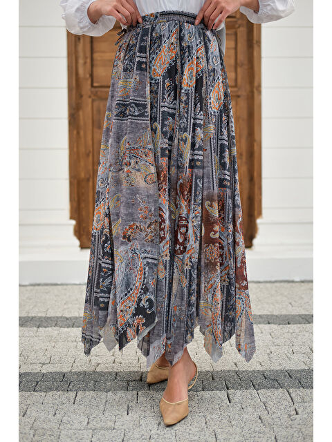 Locco Moda Kadın Etnik Desen Asimetrik Kesim Şifon Etek Antrasit