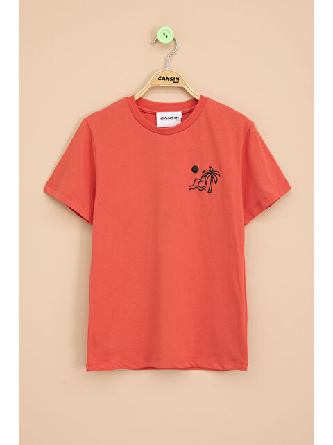 Cansın Mini Kiremit Palmiye Baskılı Sırtı Yazılı Erkek Çocuk Kısa Kol Tişört 20928 - S000398416-18657