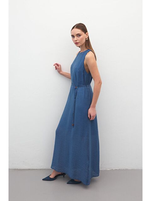 SATEEN Kemer Detaylı Uzun Elbise - İndigo