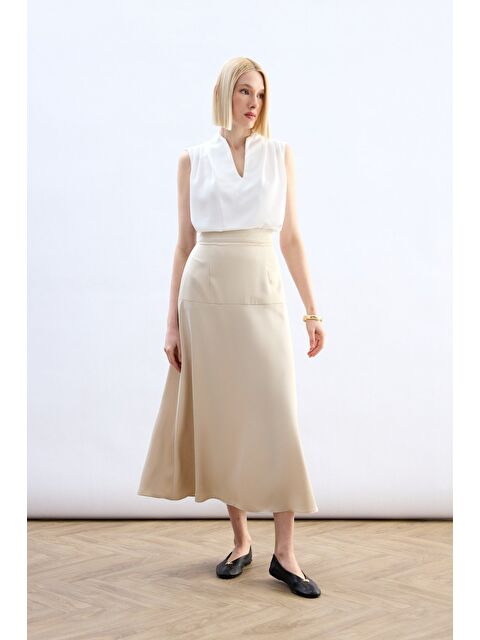 SATEEN Yüksek Bel Saten Etek - Taş - S000497788-25636