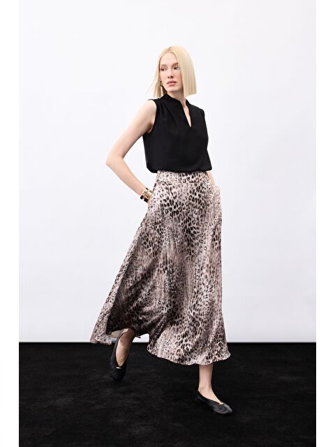 SATEEN Leopar Desenli Uzun Etek - Kahve - S000497795-19413