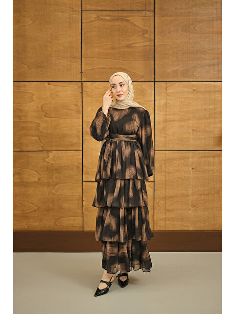 Locco Moda Kadın Kat Kat Dökümlü Şifon Elbise Siyah