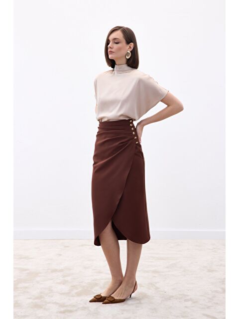 SATEEN Düğme Detaylı Kalem Etek - Kahve - S000497794-19413