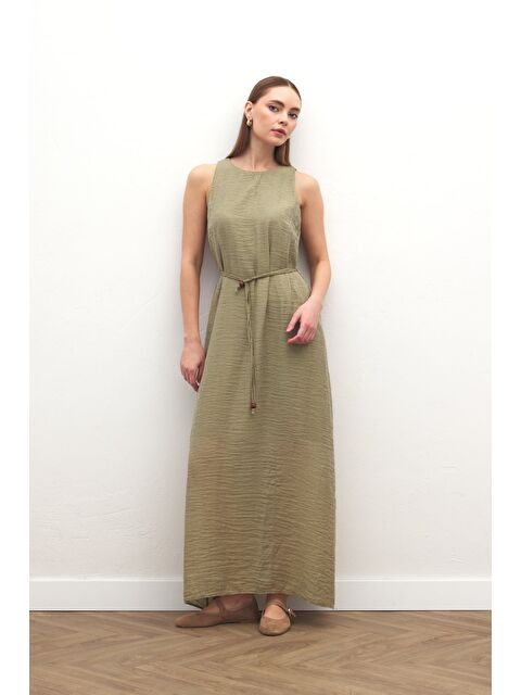 SATEEN Kemer Detaylı Uzun Elbise - Haki