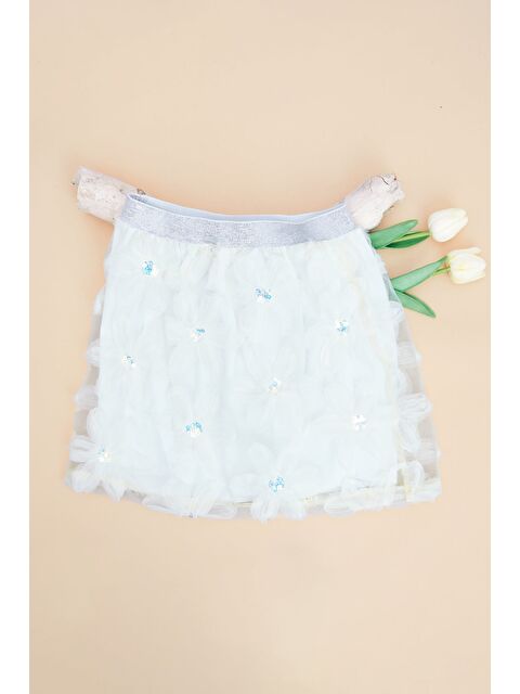 Fullamoda Çiçekli Beli Lastikli Simli Kız Çocuk Etek