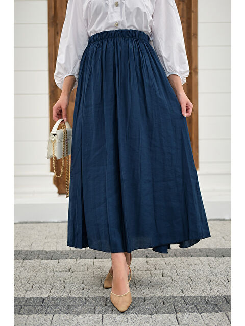 Locco Moda Kadın Beli Lastikli Kırışık Etek Lacivert