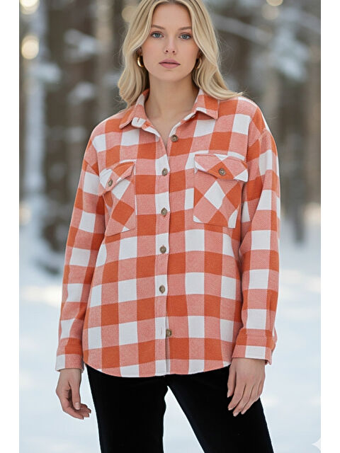Chiccy Turuncu-Beyaz Gömlek Yaka Manşetli Kollu Ekose Çift Kapaklı Cepli Kalın Oversize Dokuma Gömlek 68 66 - S000486431-37462