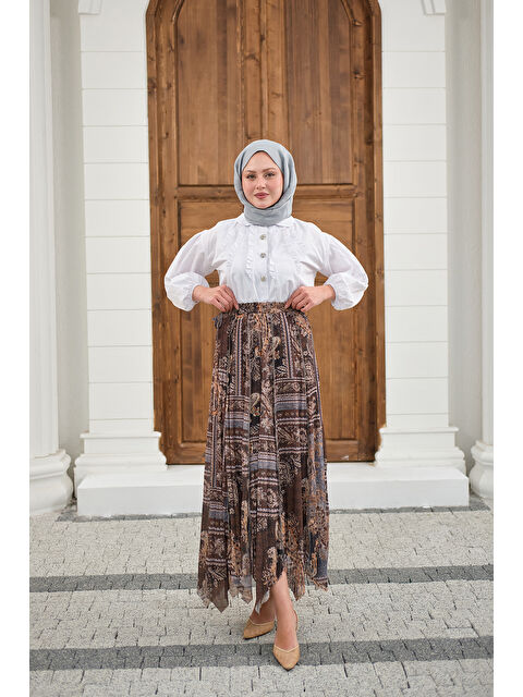 Locco Moda Kadın Etnik Desen Asimetrik Kesim Şifon Etek Gri