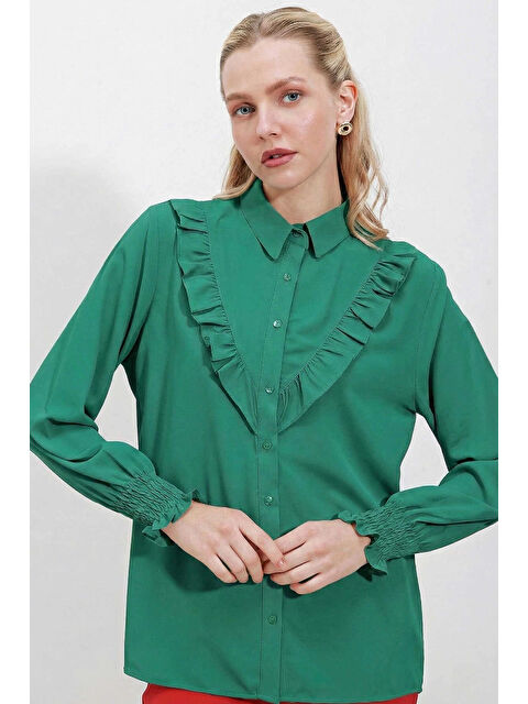 Hazelin Kadın Zümrüt Fırfır Detaylı Uzun Kollu Gömlek HZL25W-BD1202231 - S000498963-18709