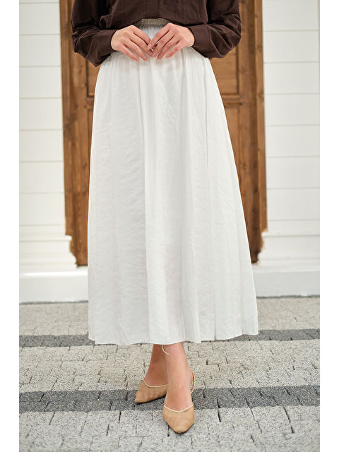 Locco Moda Kadın Beli Lastikli Kırışık Etek Beyaz