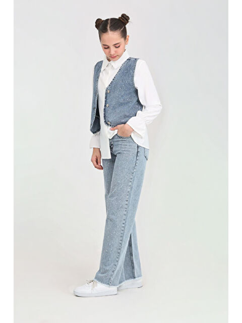 Modanino Kız Çocuk Taş Süslemeli 3'lü Jean Takım 5-15 Yaş 12495 - S000498224-17234