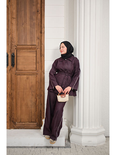 Locco Moda Kadın Kol Fermuar Detaylı Bel Bağlamalı Tek Düğmeli Takım Mürdüm - S000511211-20036