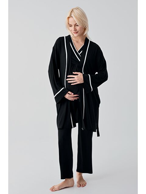 Artış Kısa Kollu Emzirme Bölmeli Ayarlanabilir Bel Esnek Viskoz Hamile Pijama Takım 19317 - S000517313-19351