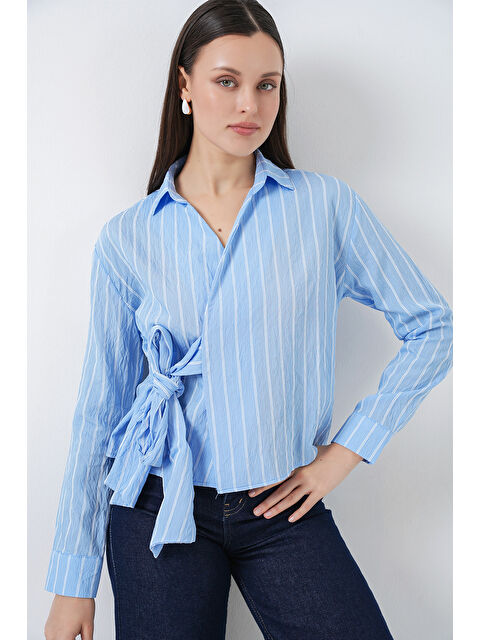 Bigdart Kadın Önü Bağlamalı Çizgili Gömlek 20362 - Mavi - S000510749-17234