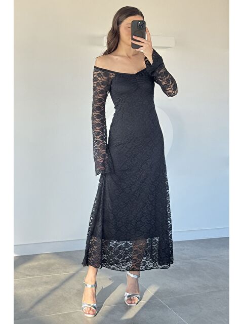 Gülseli Dantel Detaylı İspanyol Kol Uzun Elbise - S000482851-19351