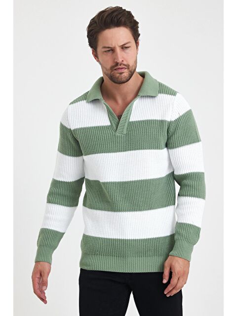 Tarz Cool Erkek Renk Bloklu Regular Polo Yaka Triko Kazak - S000250553-20054